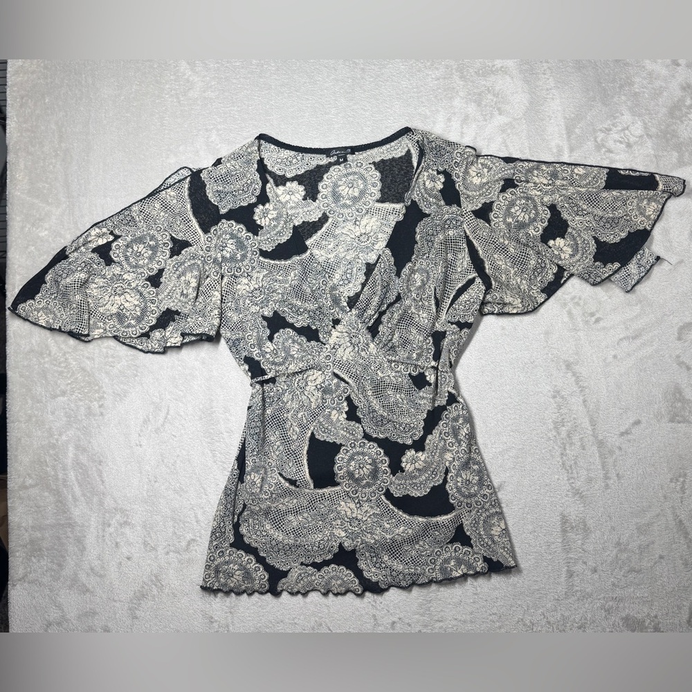 Arden B Black and Cream Paisley Wrap Blouse